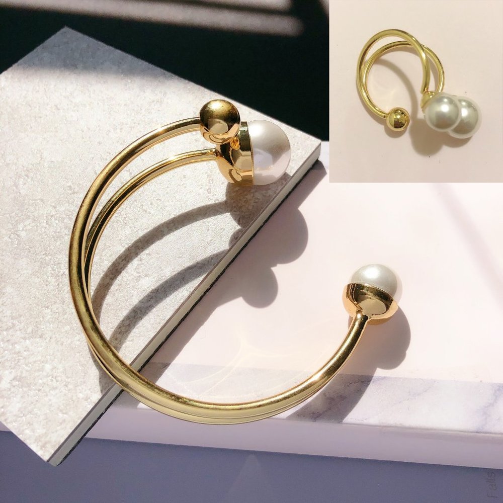 Gold Asymmetry Layered Pearl Bangle and Ring Set